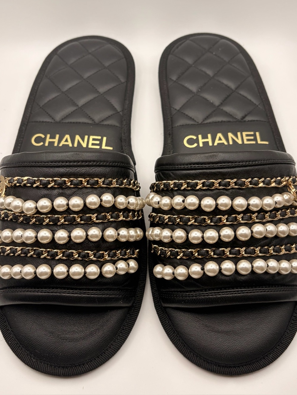 CHANEL Black Quilted Slide Sandals with Pearl & Gold Chain Trim